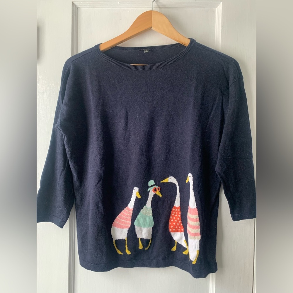 Talbots Navy Sweater with Colorful Goose Design MP Porch Goose or Duck Sweater